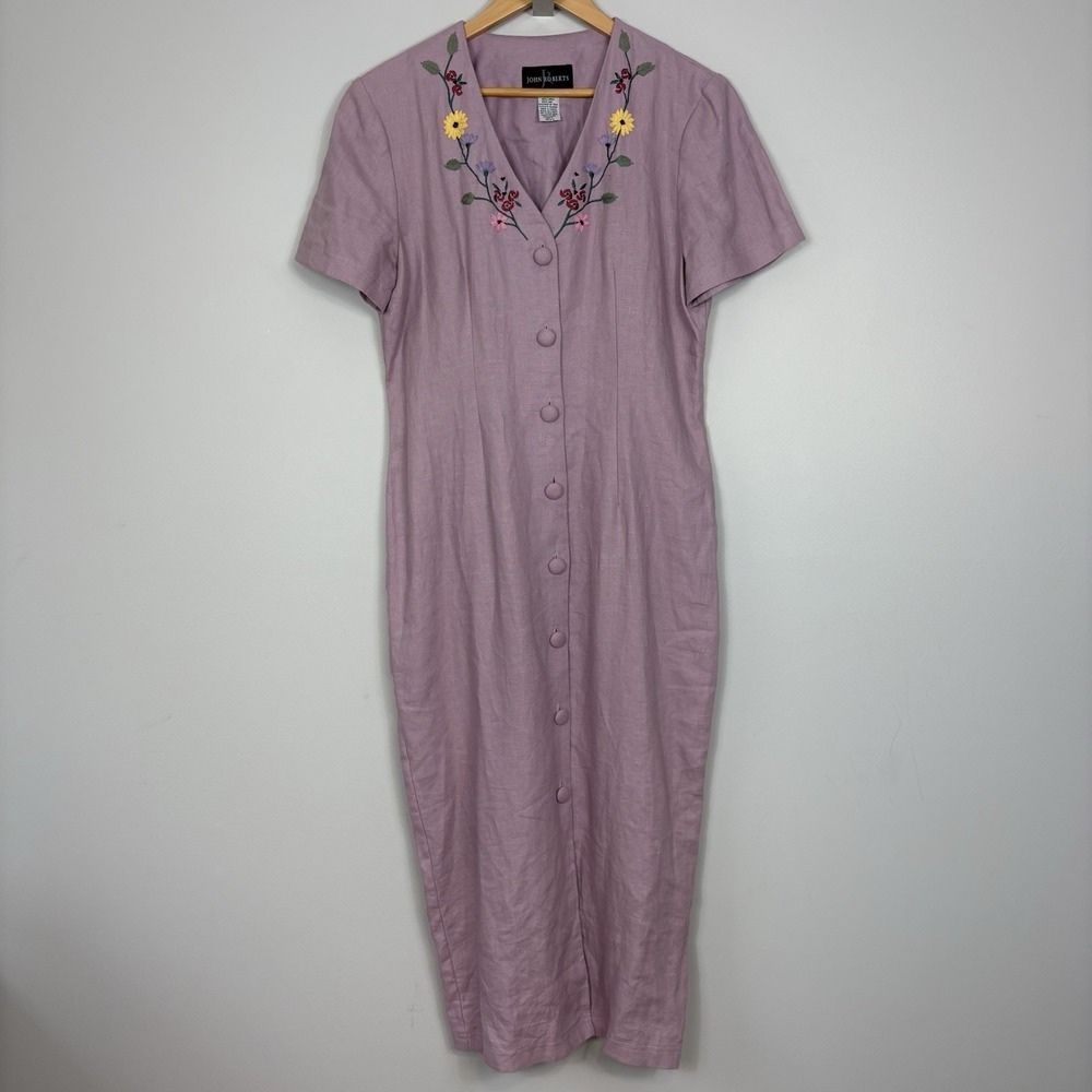 Vintage 90s 100% Linen Embroidered Floral Button Down Shirt Midi Dress Sz 8
